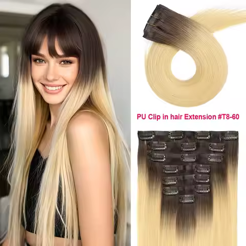 Seamless PU Clip in Hair Extensions Real Human Hair #T8/60 Light Brown Mix Platinum Blonde 7Pcs 120g