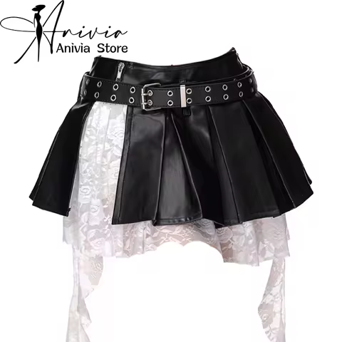 Women's Black Gothic Spliced Lace Edge A-line Mini Skirt Y2K Harajuku 2000s Style Academy Retro Cute