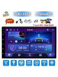 Android 13 2GB+32GB 2 Din汽車電話多媒體視頻播放器，配備7英寸通用汽車立體聲導航GPS屏幕，IPS高清觸摸屏，自動收音機，RDS+FM音頻，適用於Nissan Hyundai Toyota，包括汽車後視攝像頭。