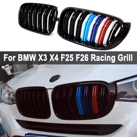 A Pair For BMW F25 F26 X3 X4 2014-2018 Bumper Gloss Matt Black M Color 2 Line Slat Kidney Grill Gril