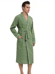 男士格紋薄款長袖長式束腰浴袍，具備口袋，家居服和睡衣