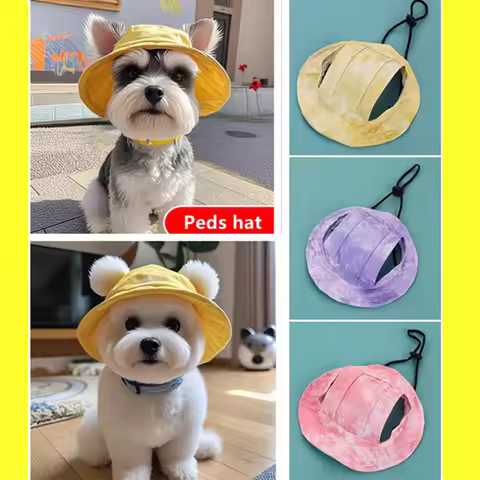 Cotton Cat Sun Hat With Ear Holes Round Brim Dog Puppy Cat Bucket Hat Outdoor Sun Protection Pet Cap
