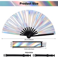 Fumwase Large Folding Hand Rave Fan Laser Silver Hand Fan Holographic Big Hand Fan with Rave Fan Hol