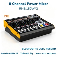Power Mixer 8 Channel RMS 300W Amplifier  Bluetooth 5.0 USB Rakam 99DSP 7-EQ 48V Phantom Power untuk