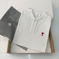 เสื้อโปโลปักลายรัก24 Ami ปารีสแบบดั้งเดิมเสื้อยืดแขนสั้นมีปกคอตตอนสำหรับผู้ชายและผู้หญิงเสื้อยืดแขนส