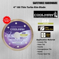 Coolman 4'' I88 Thin Turbo Rim Blade 105mm Diamond Cutting Disc For Ceramic Tile, Granite, Quartz, H