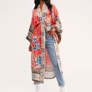 Bohemian Flower Printed Bikini Cover-ups Elegant Self Belted Kimono Sunscreen Cardigan Dress Tunic