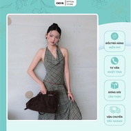 ODS Moss Checkered Camisole Long Dress with drop neck design, open back, flared personality - JH5
