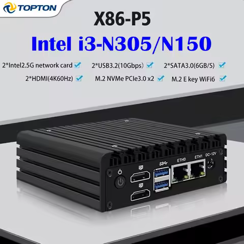 X86 P5 Pocket Mini PC 12th Gen Intel N100 N150 i3-N305 Fanless 2x2.5G LAN 2xSATA DDR5 NVMe Firewall 