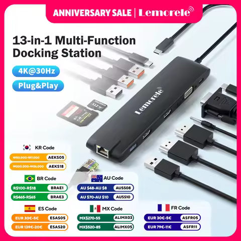 Lemorele 13 In 1 TC96 USB HUB to HDMI 4K Display Type C To USB 3.1 10Gbps With RJ45 PD100W VGA SD TF