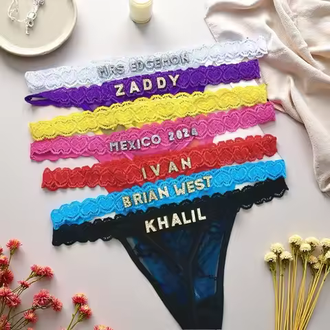 Custom Name Thong Custom Panties Rhinestone Golden Letter Charm Customized Lace Thongs Personalized 