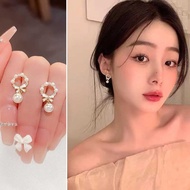 Korean Bow-knot Diamond Pearl Drop Earrings Women Fashion Jewelry Gold S925 Silver Titanium steel Stud Earrings