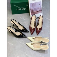 QBEY pointed toe high heel Sandal with letter buckle, 7cm high, comfortable and easy to walk in, ful