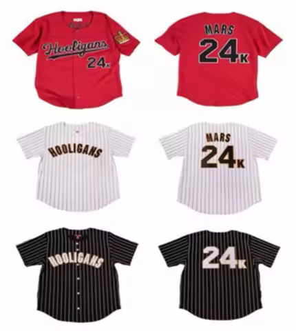 2023 Bruno Mars 24K Hooligans White Black Pinstriped Red White Black Embroidery Man's Woman's Kid's 