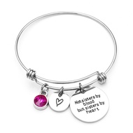 "Not sisters by blood but sisters by heart"Birthstone Bangle for women Stainless Steel Charm Bracele