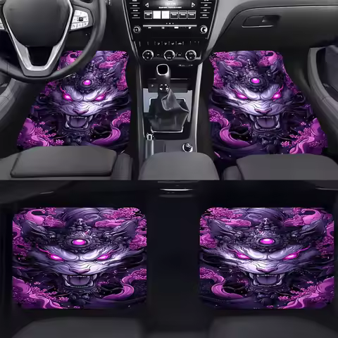 4pcs Cyber Beast Majesty Printed Car Floor Mats - Stylish Purple & Pink Anime Design, Durable Polyes