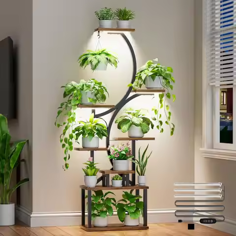 8-Tier Plant Stand with Grow Lights for Indoor Plants, Full Spectrum, S-Shaped Corner Shelf, Space-S