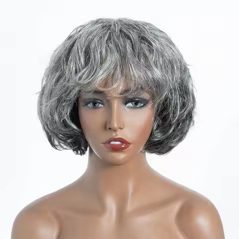 Sleek Gray White 51# Brazilian Wet And Wavy Short Grey Wavy Bob Wigs Nature Remy Human Hair Machine 