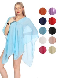 Pañuelo de seda para mujeres de un solo color, pareo de protección solar para el verano y toalla de playa con botón de perla, blusa de chifón y cubierta de bikini para la playa