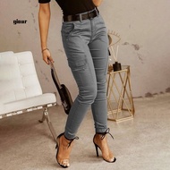 Giaurz  Women Commuting Pants Women’s Cargo Pants Mid-rise Elastic Waist Multi-pocket Design Button 