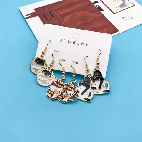 3 Pairs/Set Fun and Cute Enamel Alloy Teacup Cat Dangle Earrings Little Cat In A Coffee Cup Earrings