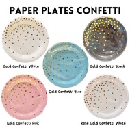 Plates 7in gold confetti black, blue, pink /Paper Plates/Paper Plates