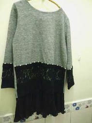 韓貨 MOOLBYOUNGZARI 下擺拼接蕾絲 釘珠 假兩件長上衣洋裝