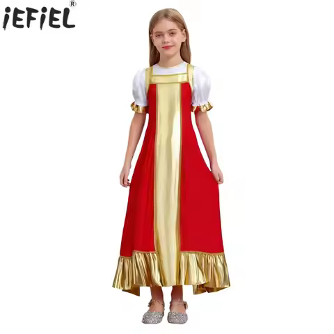 Kids Russian Heritage Girls Cosplay Costume Metallic Gloss Short Sleeve Robe Halloween Party Russian