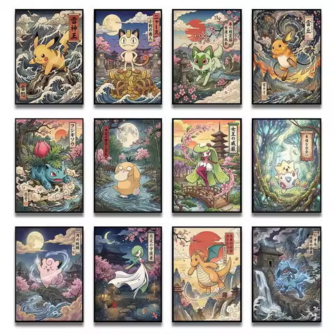 Bandai Pokemon Poster Print Japanese Anime Room Decor Classic Game Pikachu Canvas Painting Wall Art 