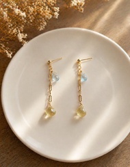 CORAROSA 天然水晶垂墜耳環 海水藍寶石 檸檬黃水晶