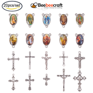 Beebeecraft 1 Set 10pcs Antique Silver Tibetan Crucifix Cross Charms Pendants and 10pcs Crucifix Catholic Virgin Oval Chandelier Links for Rosary Holy Beads Necklace Making