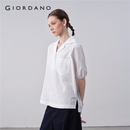 GIORDANO Women Shirts 100% Cotton Lightweight Shirts Knit Lapel Collar Elbow Length Sleeve Chic Fash