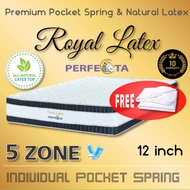 Ready Stock - Queen Size - Perfecta Royal Latex 5 Zone Pocket Spring with Natural Latex Top on Euro TOP Design 12 Inch Mattress