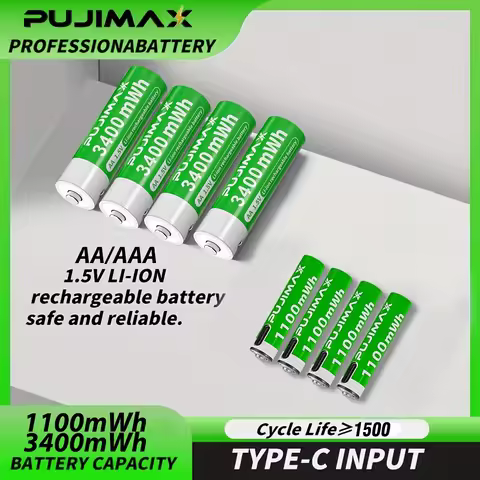 PUJIMAX 1.5V AA&AAA Rechargeable Lithium Battery 3400mWh/1100mWh, Type-C Port Charging Be Reused 150