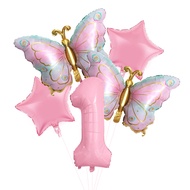 7pcs Pink Number Balloon Butterfly Star Balloon Set Butterfly Balloons Foil 32inch 1st-9th Number Bi