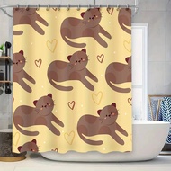 Brown Cat Shower Curtain Set With Yellow Hearts Bath Accessories Printed Fabric Waterproof Bathroom 