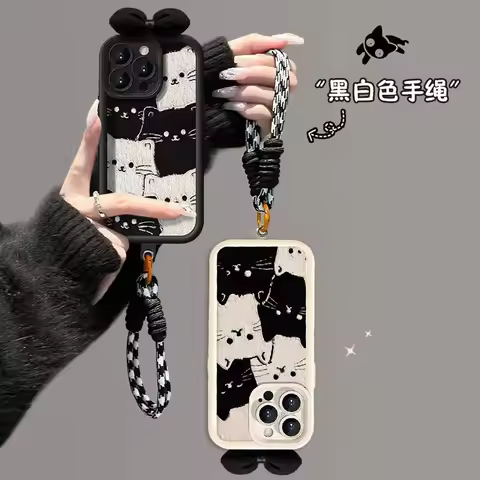3D Bowknot Black Cat Lanyard Case For Xiaomi 14T Pro 15 Ultra 12 13 11 12T POCO X7 X5 F5 X6 PRO M6 X