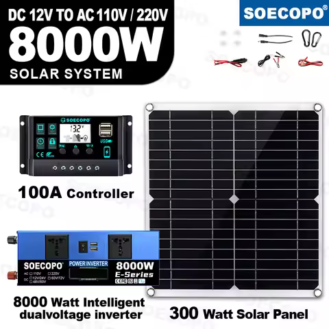8000W Solar System DC12V/24V to 110V/220V Off-Grid Inverter System 100A Controller 300W Panel for Ho
