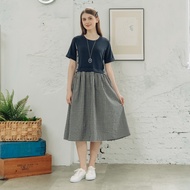 [CUMAR] Round Neck Different Material Stitching Dress Blue Card