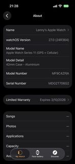 Apple Watch Series 11 (GPS + Cellular) 42mm Aluminium. Free warranty expires 3/10/2026