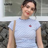 Lovito Casual Tshirt Embroidery Spring/summer Blue Tshirt for Women L151AD476\3