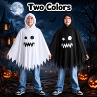 Kids Halloween Ghost Cape White Hooded Cloak Costume with Spooky Face Print