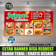 Spanduk aneka jajanan kekinian  / baner sosis bakar / banner seblak dengan Desain yang Bisa Request 