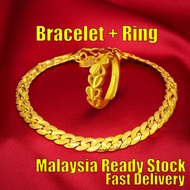 Malaysia Ready Stock Emas 916 Original Malaysia Gold Twist Bracelet+ring Mens Suit Gold Bell Bracele