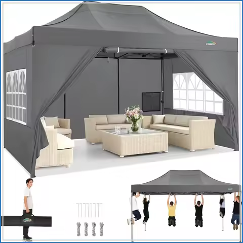 10x15 Pop Up Canopy Tent with 4 Sidewalls Heavy Duty Frame Waterproof Outdoor Party Gray