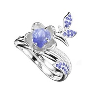 坦桑石14k金藍寶石梅花求婚戒指套裝 獨特植物原石訂婚戒指組合