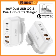 Budi 40 Watt 2 USB Ports 2 Type C Port Fast Charging Charger UK Plug Charger