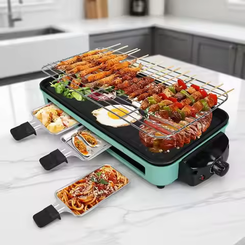 1500W Electric Indoor Grill, 2 in 1 Portable SmokelIndoor Raclette Table Grill, Korean BBQ Grill wit