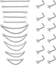 22 PCS 20G Nose Ring Chain Nose Ring Stud, Sliver Double Nose Chain Piercing Across Nose Ball, CZ No