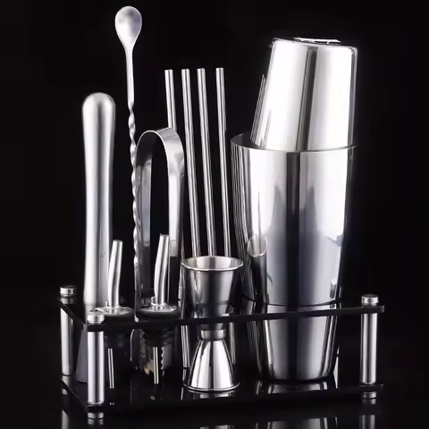 Professional Stainless Steel Cocktail Shaker Set with Stand - Complete Bartender Kit Including Jigge